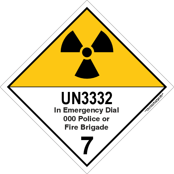 Radiation warning sign with UN3332 designation and emergency contact information.