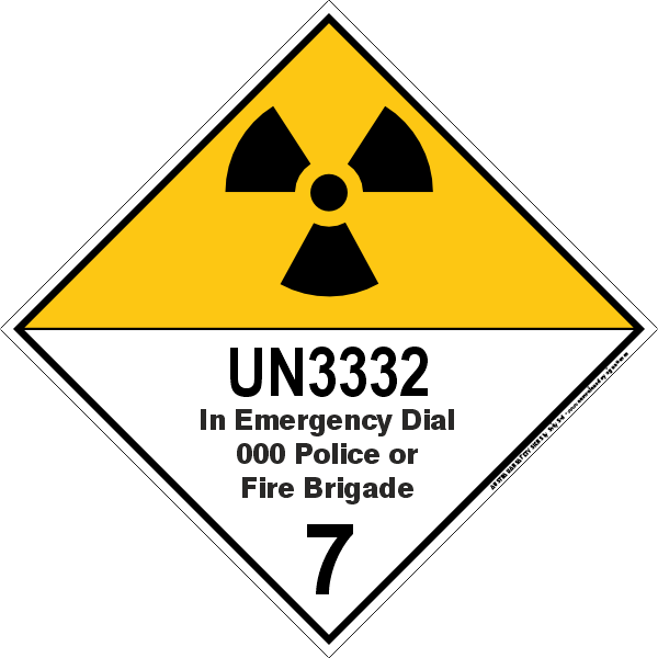 Radiation warning sign with UN3332 designation and emergency contact information.
