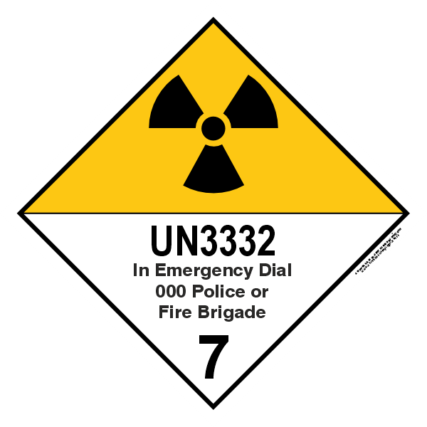 Radiation warning sign with UN3332 designation and emergency contact information.