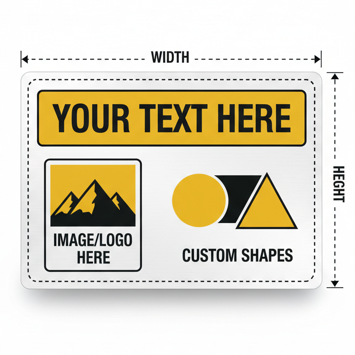 A customizable rectangular sign mockup with dashed measurement arrows labeled WIDTH and HEIGHT. The sign has a yellow header reading 'YOUR TEXT HERE,' placeholder mountain/logo graphics, and 'CUSTOM SHAPES' text on a white background.