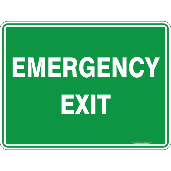 Green emergency exit sign with white text on a white background
