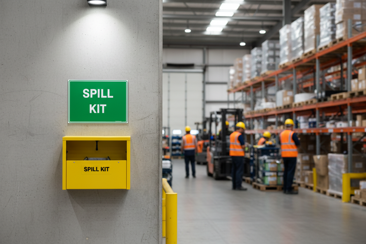 Spill Kit sign mounted in an industrial warehouse environment